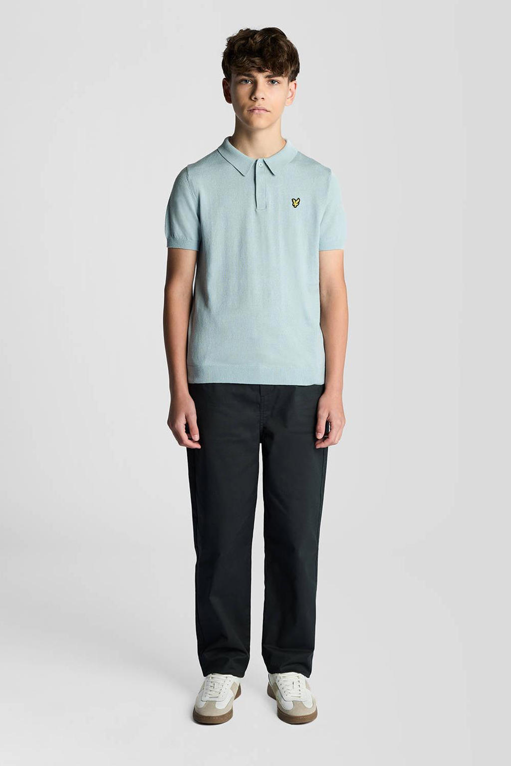 Lichtblauwe jongens Lyle & Scott polo van viscose met effen, korte mouwen en knoopsluiting