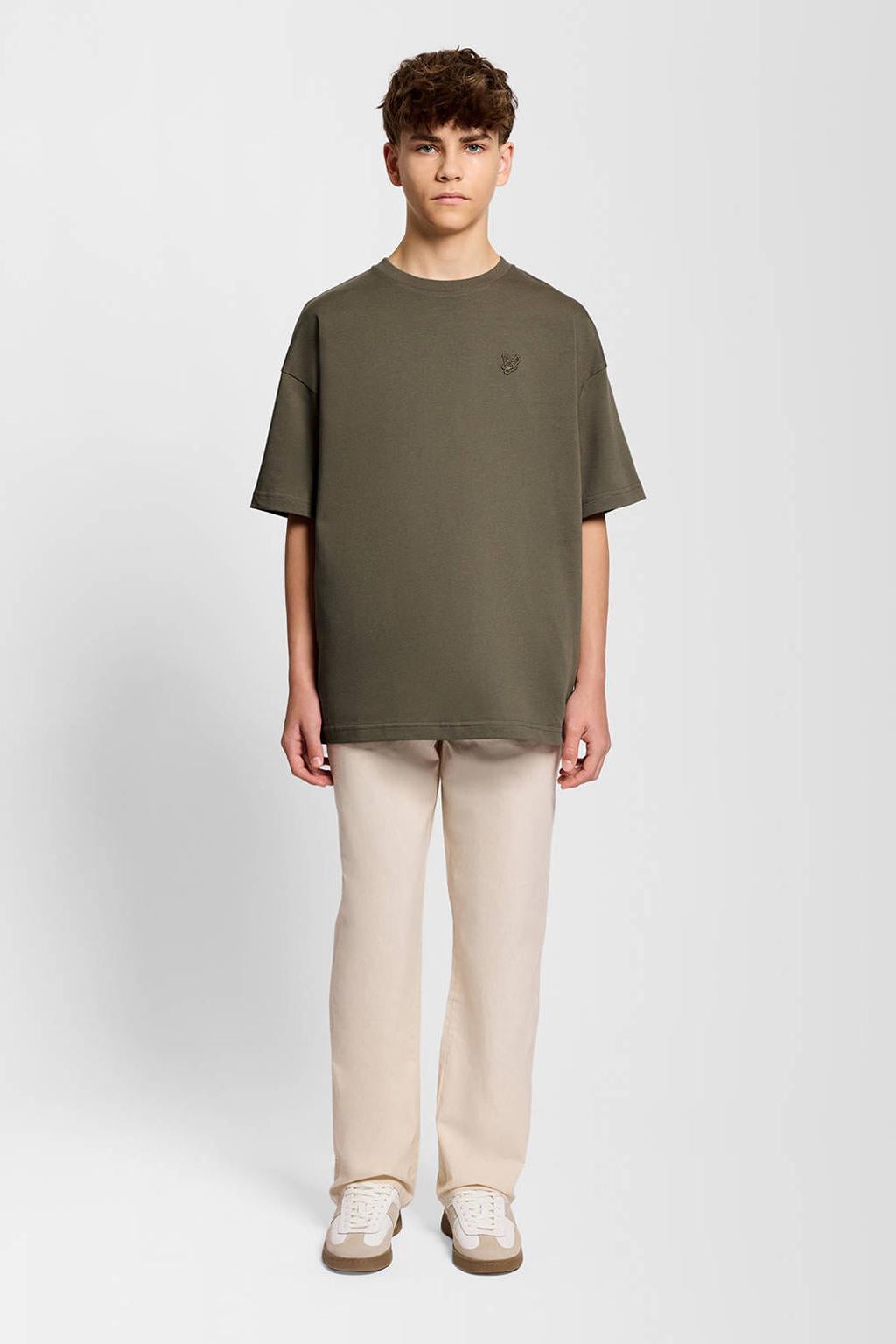 Kakikleurige jongens Lyle & Scott T-shirt van katoen met effen, korte mouwen en ronde hals