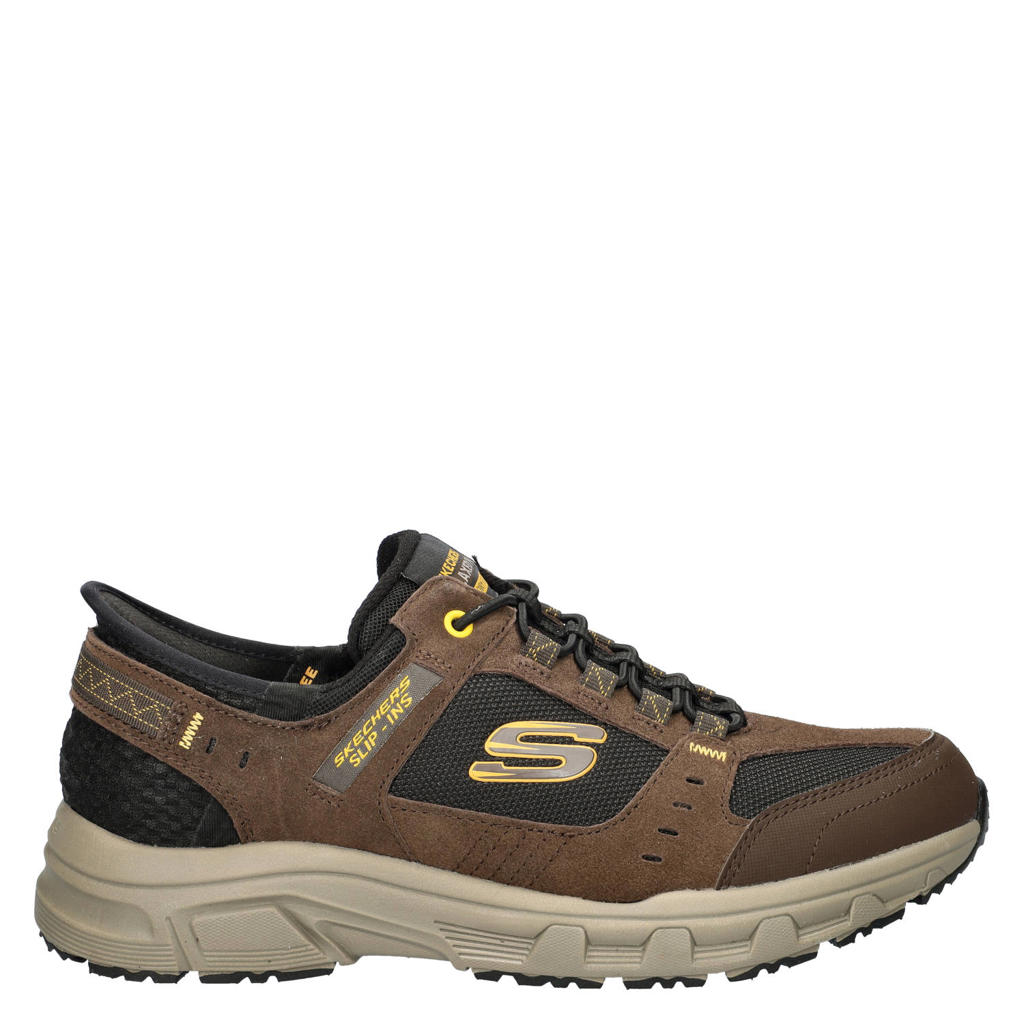Bruine heren Skechers Hands Free Slip-Ins Oak Canyon suède sneakers van imitatieleer met elastische veters
