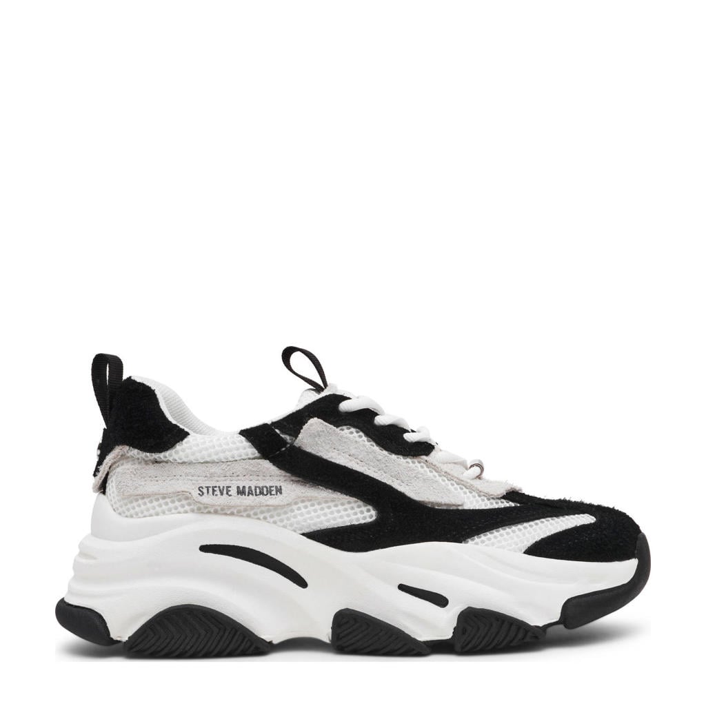 Wit en zwarte dames Steve Madden Possession-E chunky sneakers van suède en textiel met veters