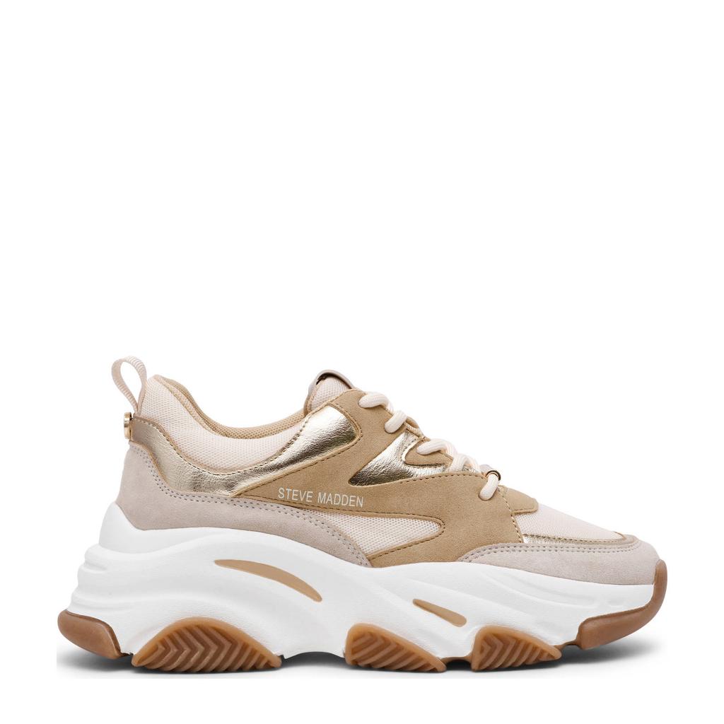 Beige en gouden dames Steve Madden Progressive chunky leren sneakers met veters