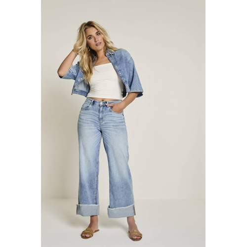 Para Mi Mira (turnup) high waist cropped jeans light blue denim afbeelding