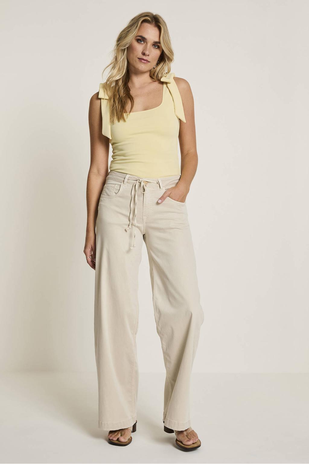 Crème dames Para Mi straight high waist broek van modal met rits- en knoopsluiting en effen