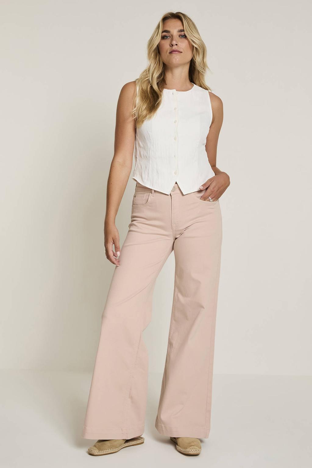 Lichtroze dames Para Mi high waist flared broek van katoen met rits- en knoopsluiting en effen
