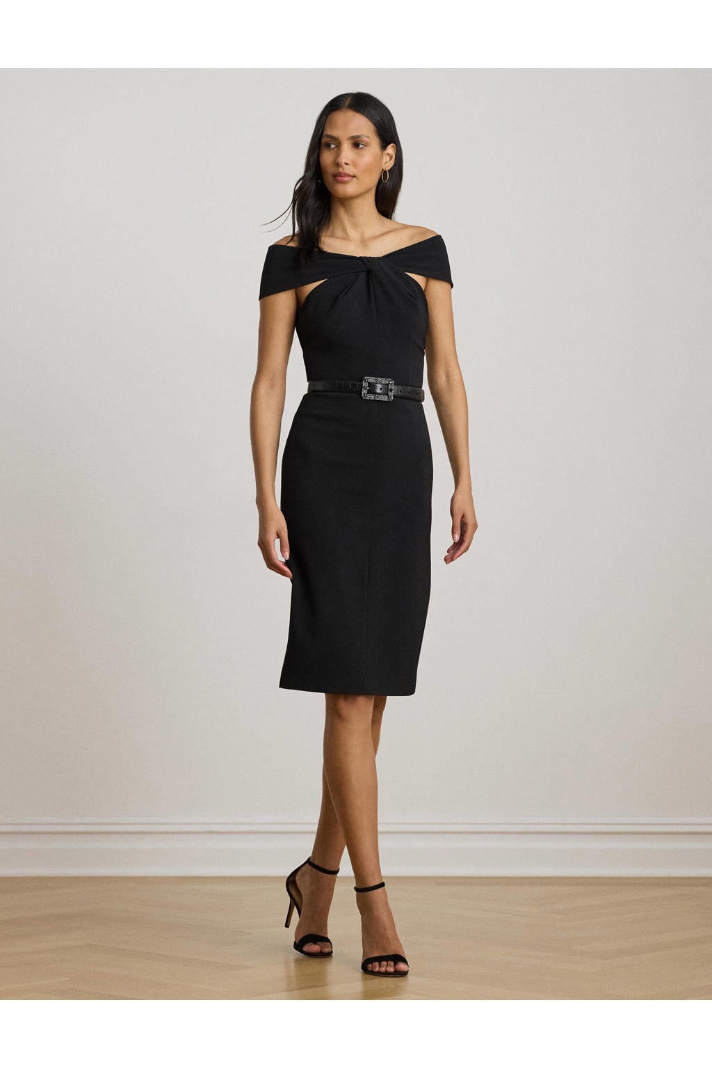 Zwarte dames Lauren Ralph Lauren jurk van polyester met effen, korte mouwen, boothals en ritssluiting