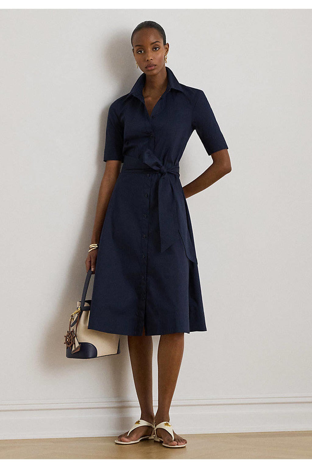 Donkerblauwe dames Lauren Ralph Lauren blousejurk van katoen met effen, korte mouwen en klassieke kraag
