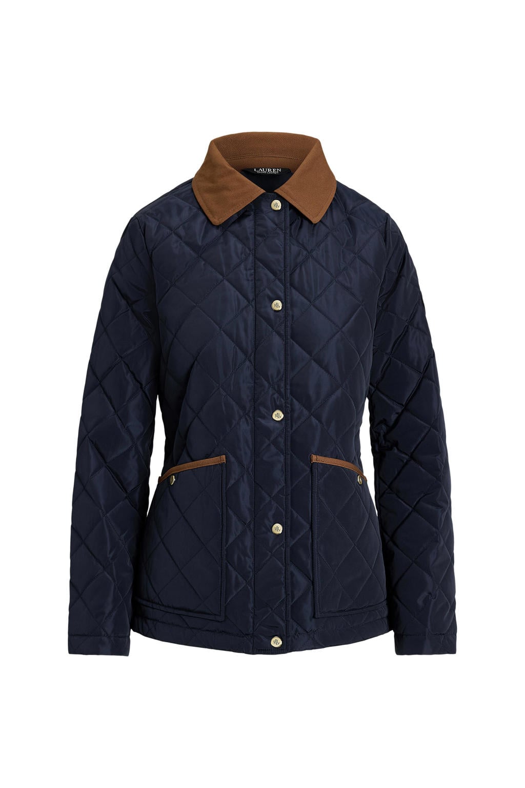 Donkerblauw en camelkleurige dames Lauren Ralph Lauren gewatteerde jas van polyester met effen en lange mouwen