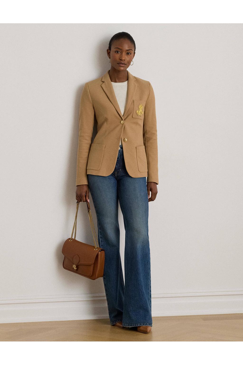 Beige dames Lauren Ralph Lauren getailleerde blazer van katoen met effen, lange mouwen, reverskraag en knoopsluiting