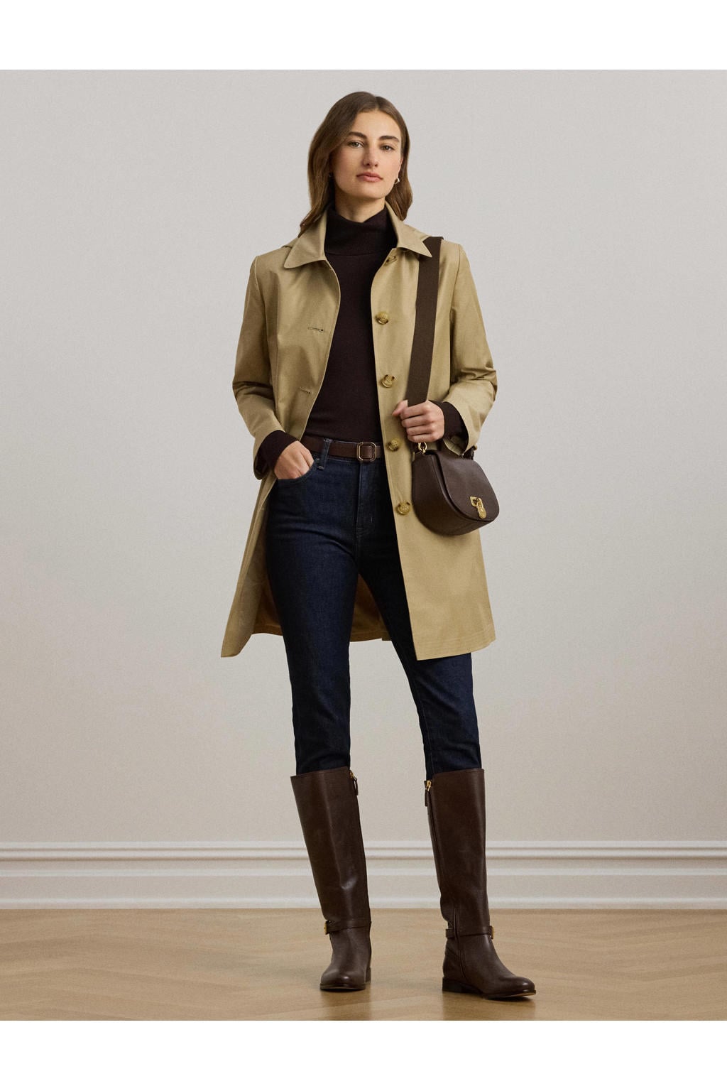 Beige dames Lauren Ralph Lauren trenchcoat van katoen met effen, lange mouwen en capuchon