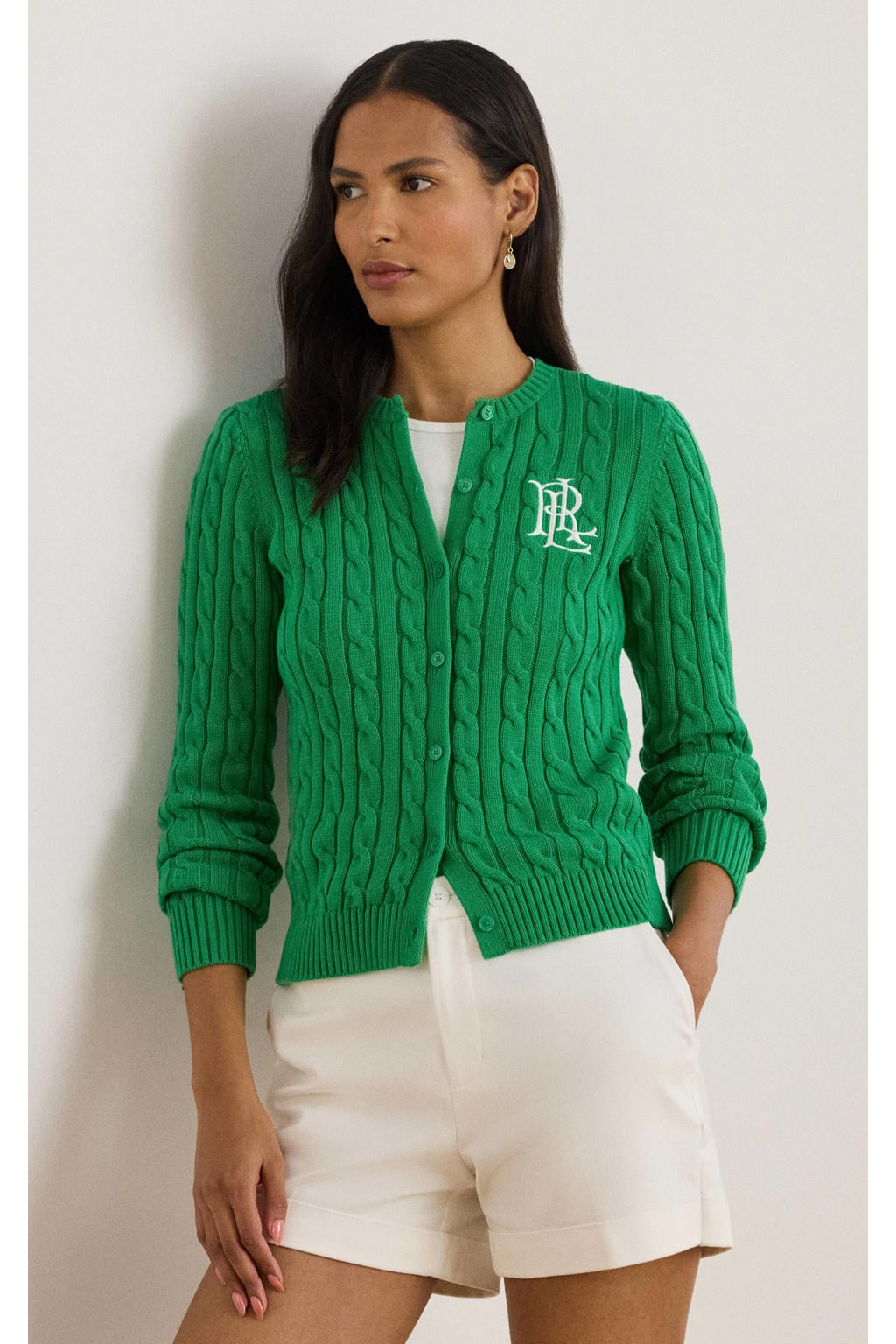 Groene dames Lauren Ralph Lauren gebreid vest van katoen met effen, lange mouwen, ronde hals en knoopsluiting