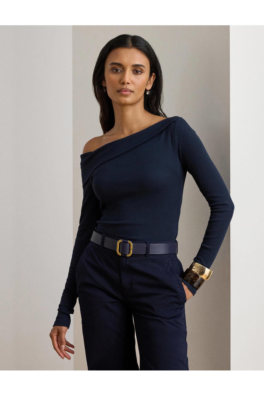 Blauwe dames Lauren Ralph Lauren off shoulder trui van katoen met lange mouwen