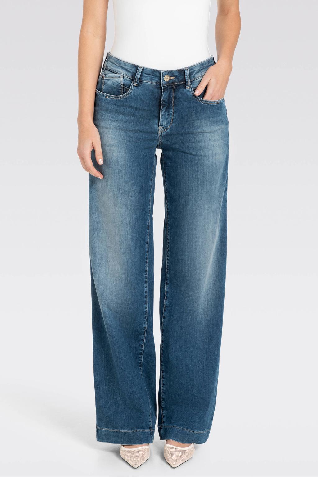 Medium blue denim dames MAC high waist wide leg jeans wide leg jeans van denim met rits- en knoopsluiting en effen