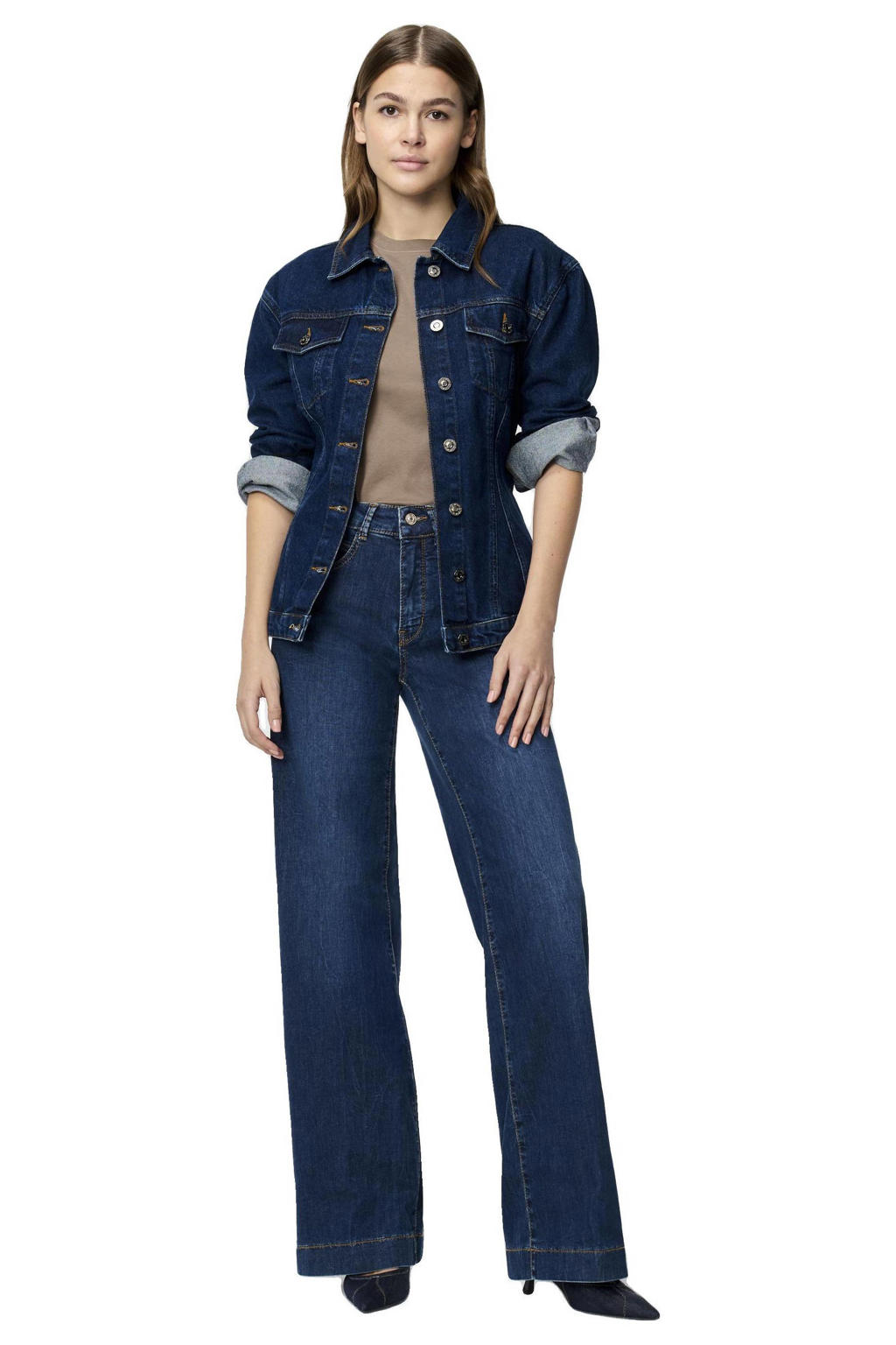 Dark blue denim dames MAC high waist wide leg jeans wide leg jeans dark blue van denim met rits- en knoopsluiting en effen