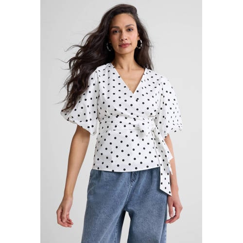 Ruby polkadot overslag top met pofmouwen zwart/wit afbeelding
