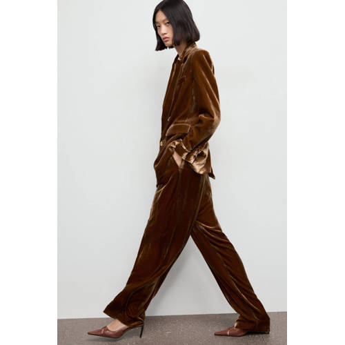 Mango fluwelen Wide leg regular waist pantalon bruin afbeelding
