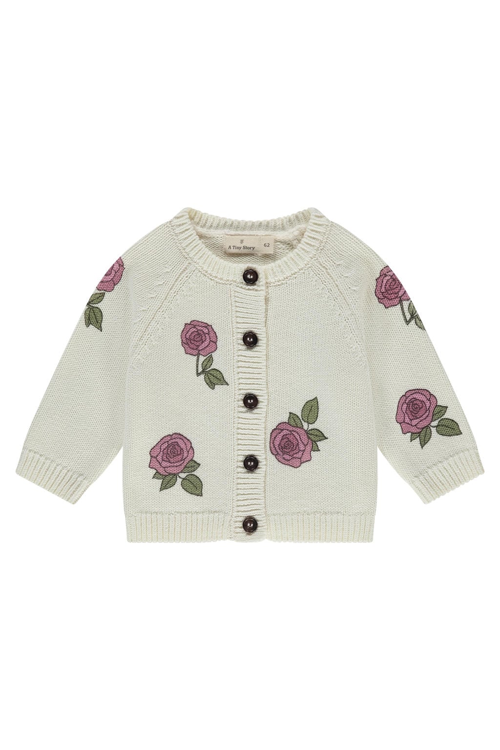 Ecru en roze meisjes A Tiny Story gebloemde gebreid vest van katoen met lange mouwen, ronde hals en knoopsluiting