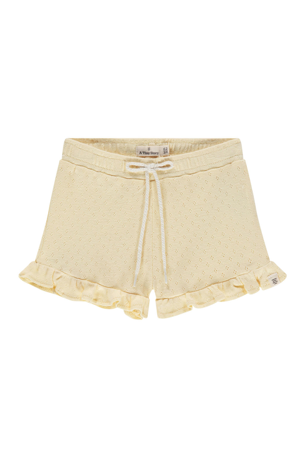 Lichtgele meisjes A Tiny Story casual short ajour van stretchkatoen met elastische tailleband met koord en effen