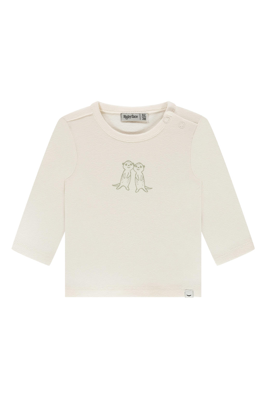 Ecru en groene jongens en meisjes Babyface longsleeve van stretchkatoen met printopdruk, lange mouwen, ronde hals en drukknoopsluiting