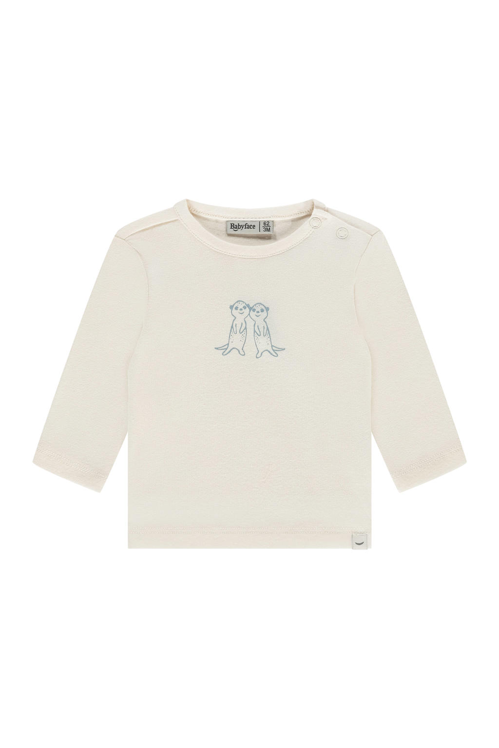 Ecru en blauwe jongens en meisjes Babyface longsleeve van stretchkatoen met printopdruk, lange mouwen, ronde hals en drukknoopsluiting