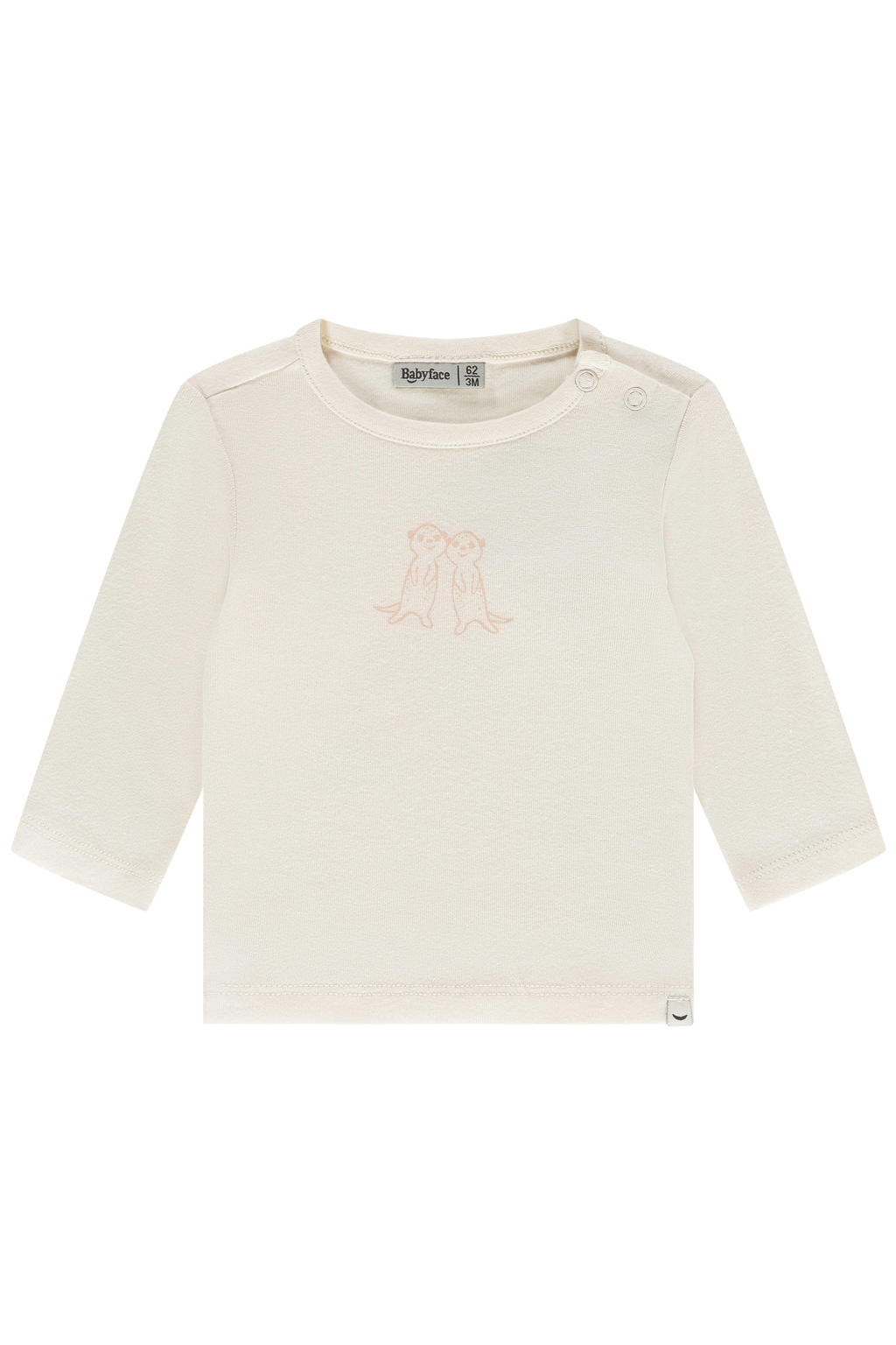 Ecru en roze jongens en meisjes Babyface longsleeve van stretchkatoen met printopdruk, lange mouwen, ronde hals en drukknoopsluiting