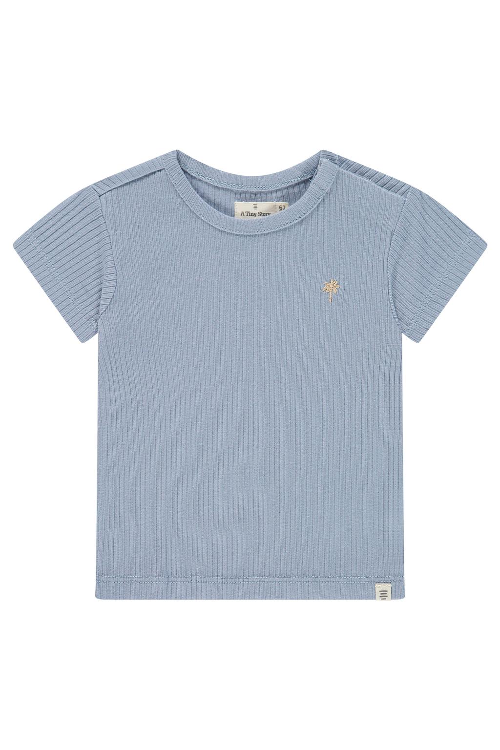Grijsblauwe jongens A Tiny Story T-shirt rib gebreid blauw van katoen met effen, korte mouwen, ronde hals, drukknoopsluiting en borduursels