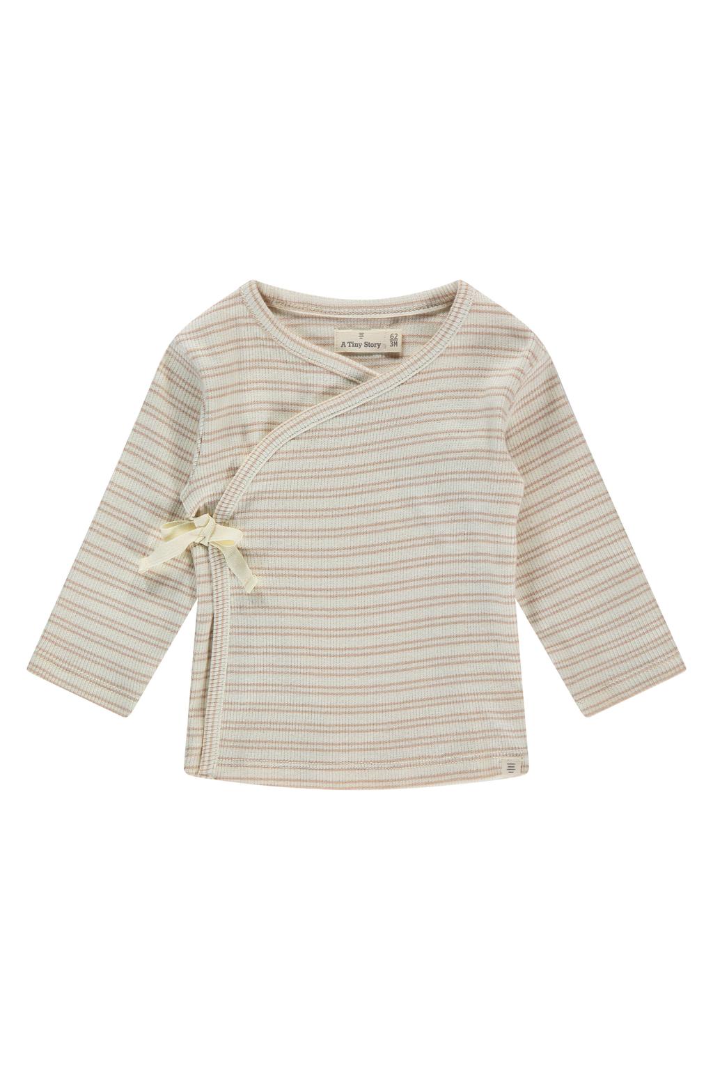 Beige jongens en meisjes A Tiny Story gestreepte longsleeve van katoen met lange mouwen, ronde hals, striksluiting en overslag detail