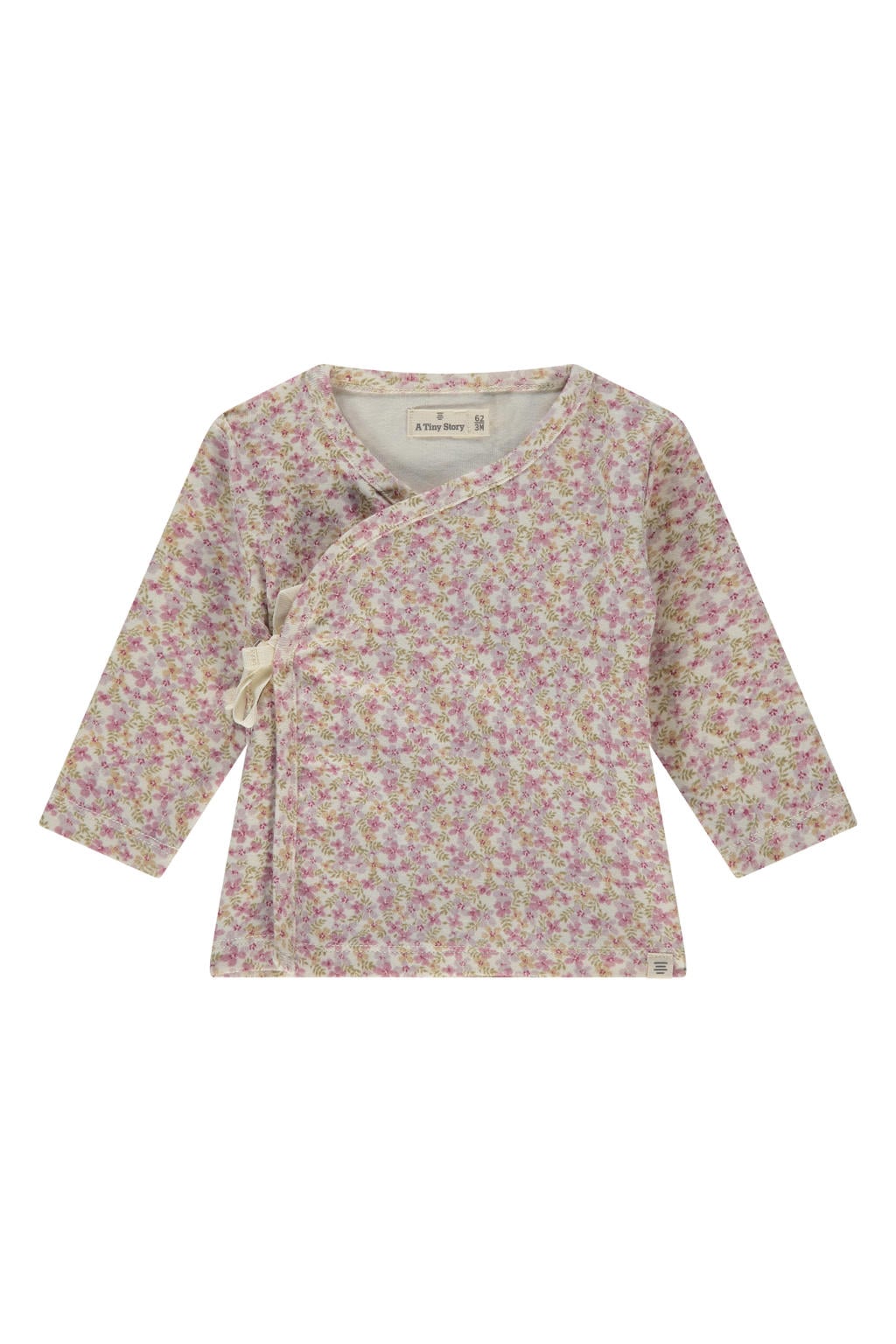 Roze en groene meisjes A Tiny Story gebloemde longsleeve van katoen met lange mouwen, V-hals, striksluiting en overslag detail