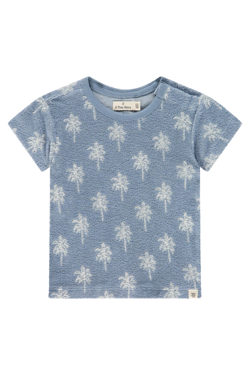 Lichtblauw en witte jongens A Tiny Story T-shirt van badstof met korte mouwen, ronde hals en drukknoopsluiting