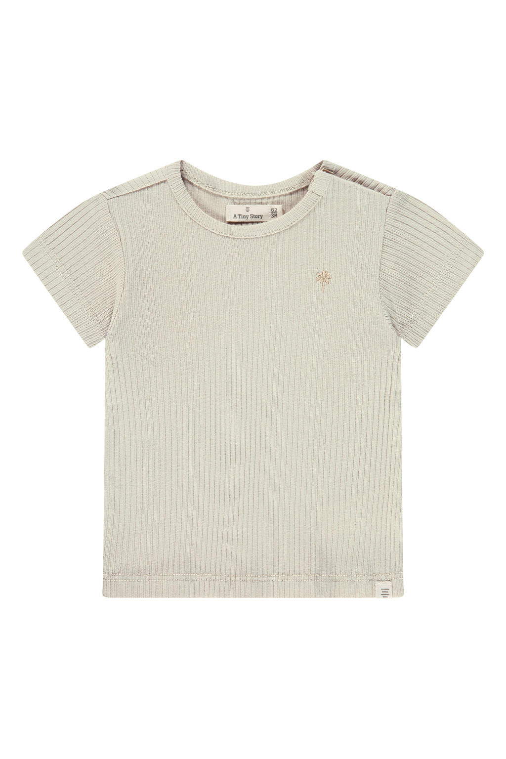 Beige jongens A Tiny Story T-shirt rib gebreid van katoen met effen, korte mouwen, ronde hals, drukknoopsluiting en borduursels