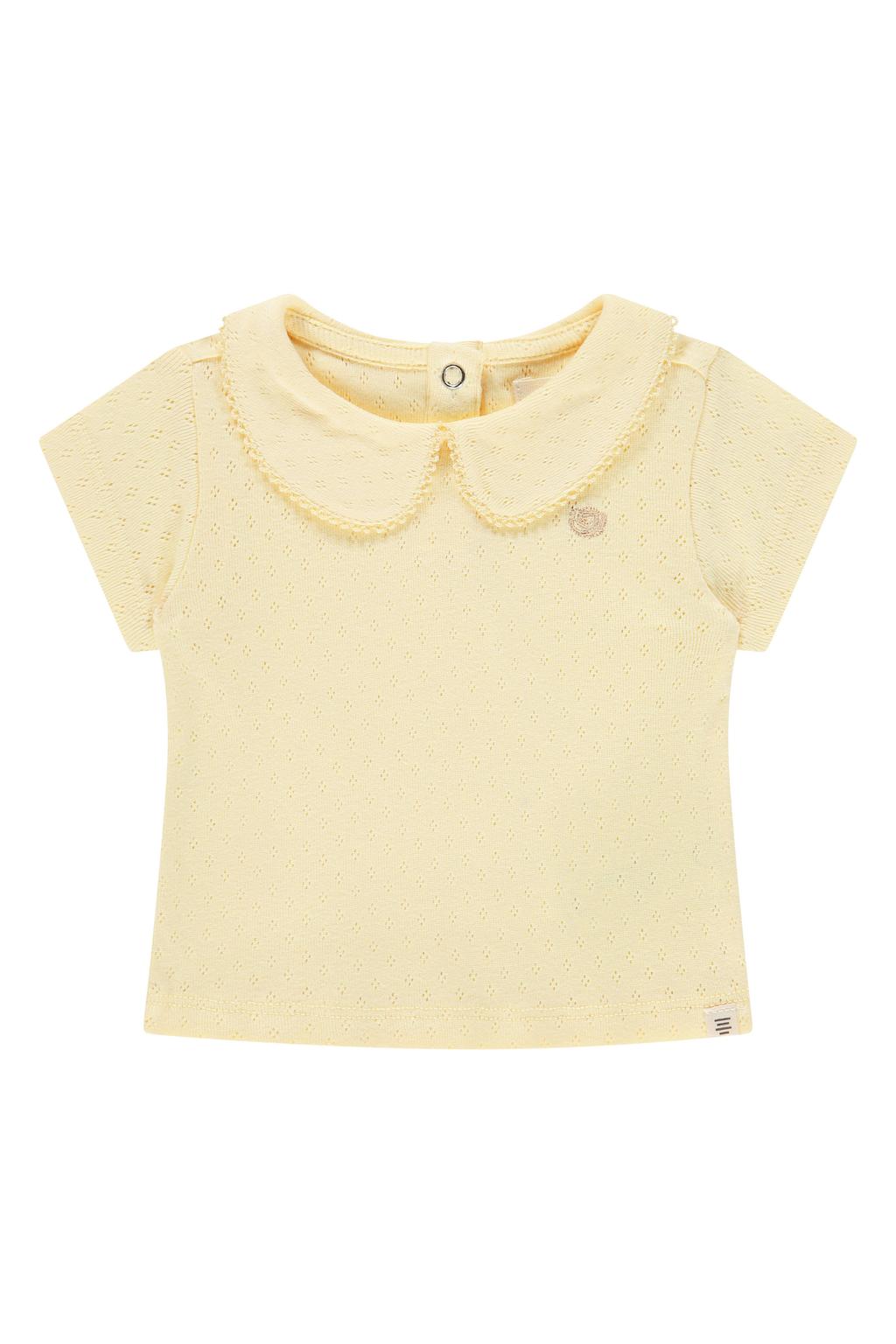 Lichtgele meisjes A Tiny Story T-shirt ajour van stretchkatoen met effen, korte mouwen en peter pan-kraag
