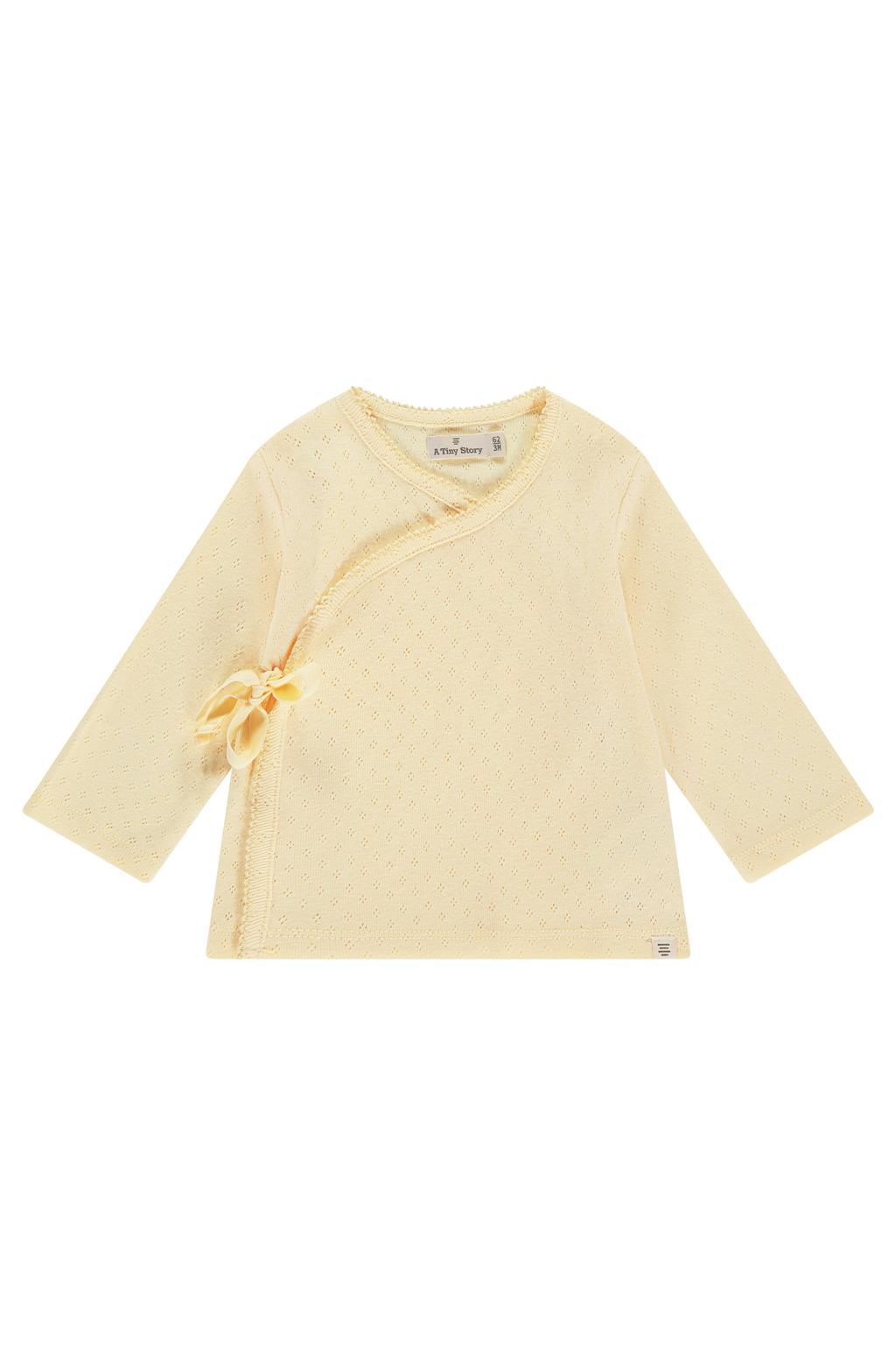 Lichtgele meisjes A Tiny Story longsleeve ajour van stretchkatoen met effen, lange mouwen, V-hals en striksluiting