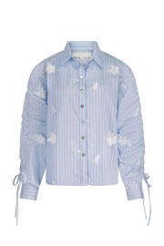 thumbnail: Lichtblauw en witte dames NUKUS gestreepte blouse van katoen met lange mouwen, klassieke kraag, knoopsluiting en ruches