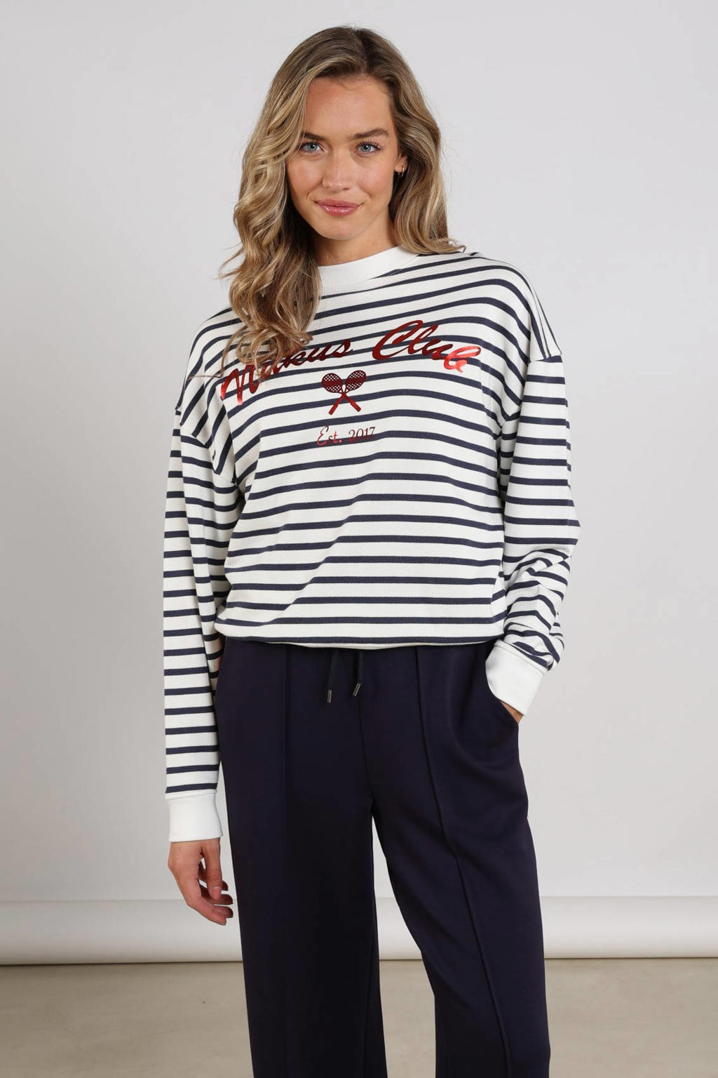 Blauw, wit en rode dames NUKUS gestreepte sweater van katoen met lange mouwen en ronde hals