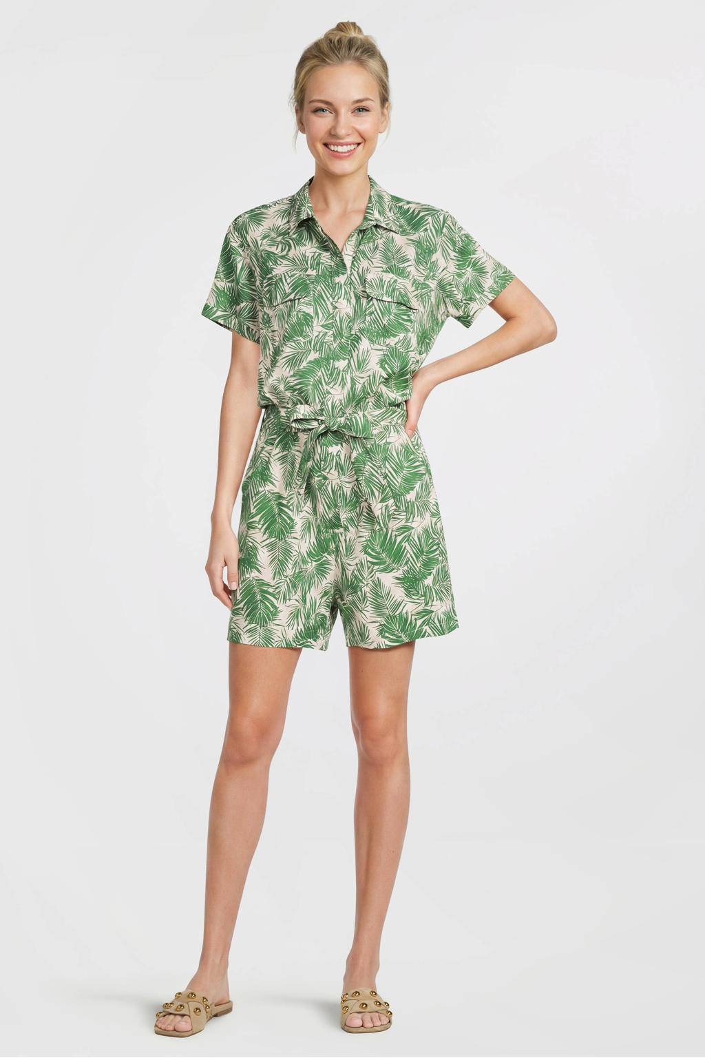 Anytime playsuit met bladprint beige/groen