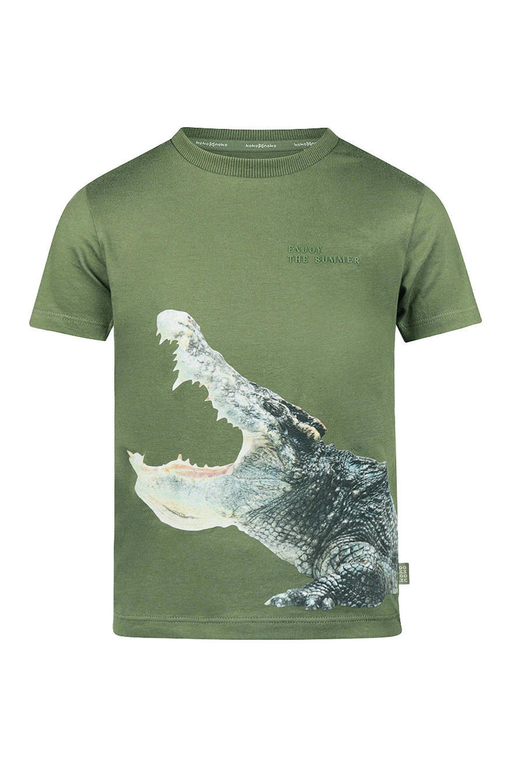Olijfgroene jongens Koko Noko T-shirt van stretchkatoen met printopdruk, korte mouwen en ronde hals