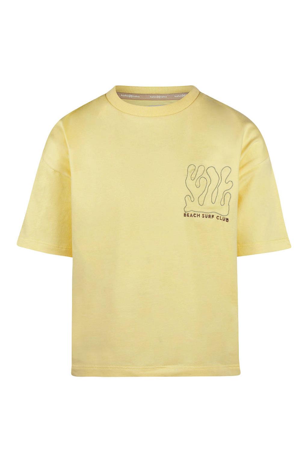 Gele jongens Koko Noko T-shirt van stretchkatoen met printopdruk, korte mouwen, ronde hals en drukknoopsluiting