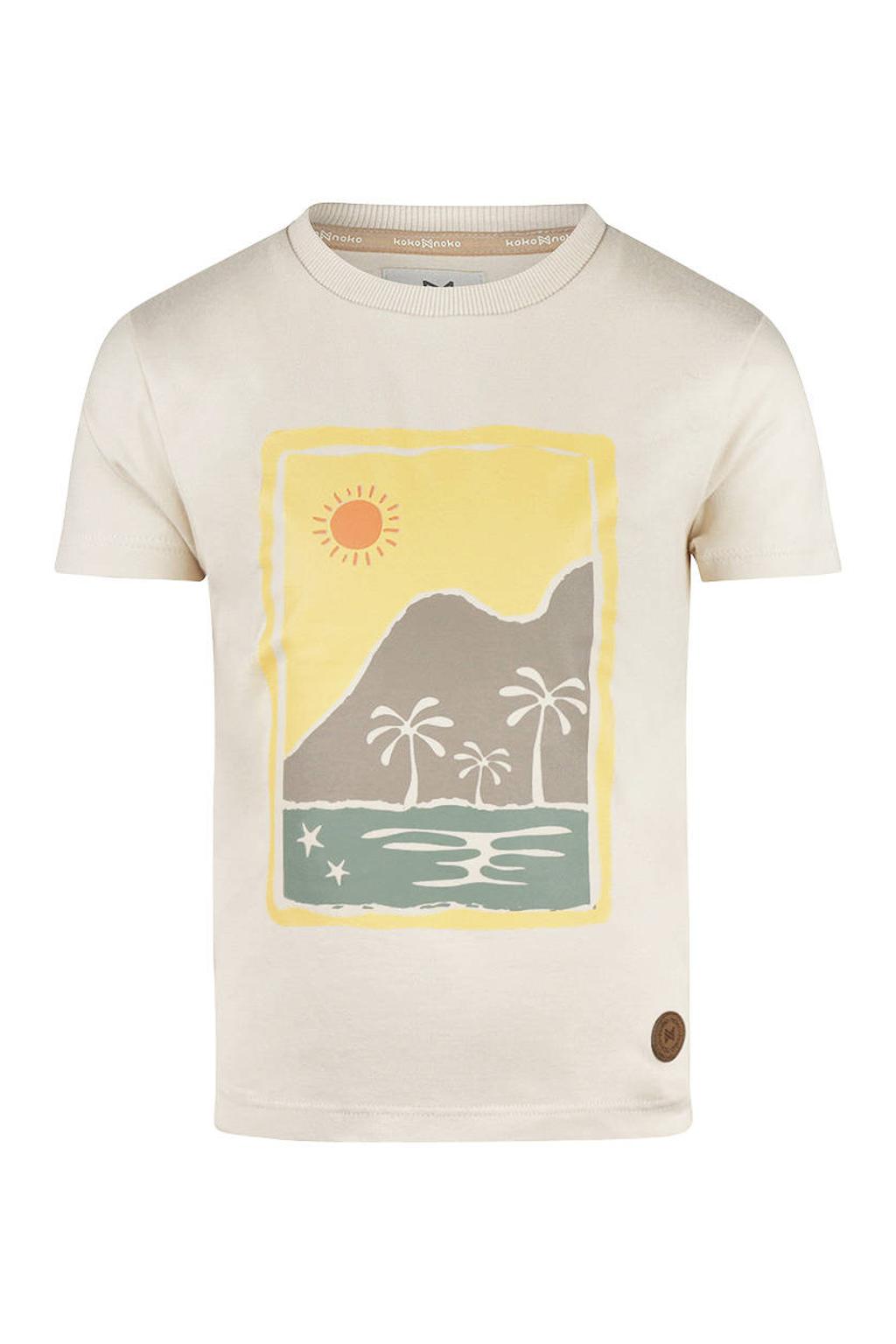 Ecru jongens Koko Noko T-shirt van stretchkatoen met printopdruk, korte mouwen, ronde hals en drukknoopsluiting