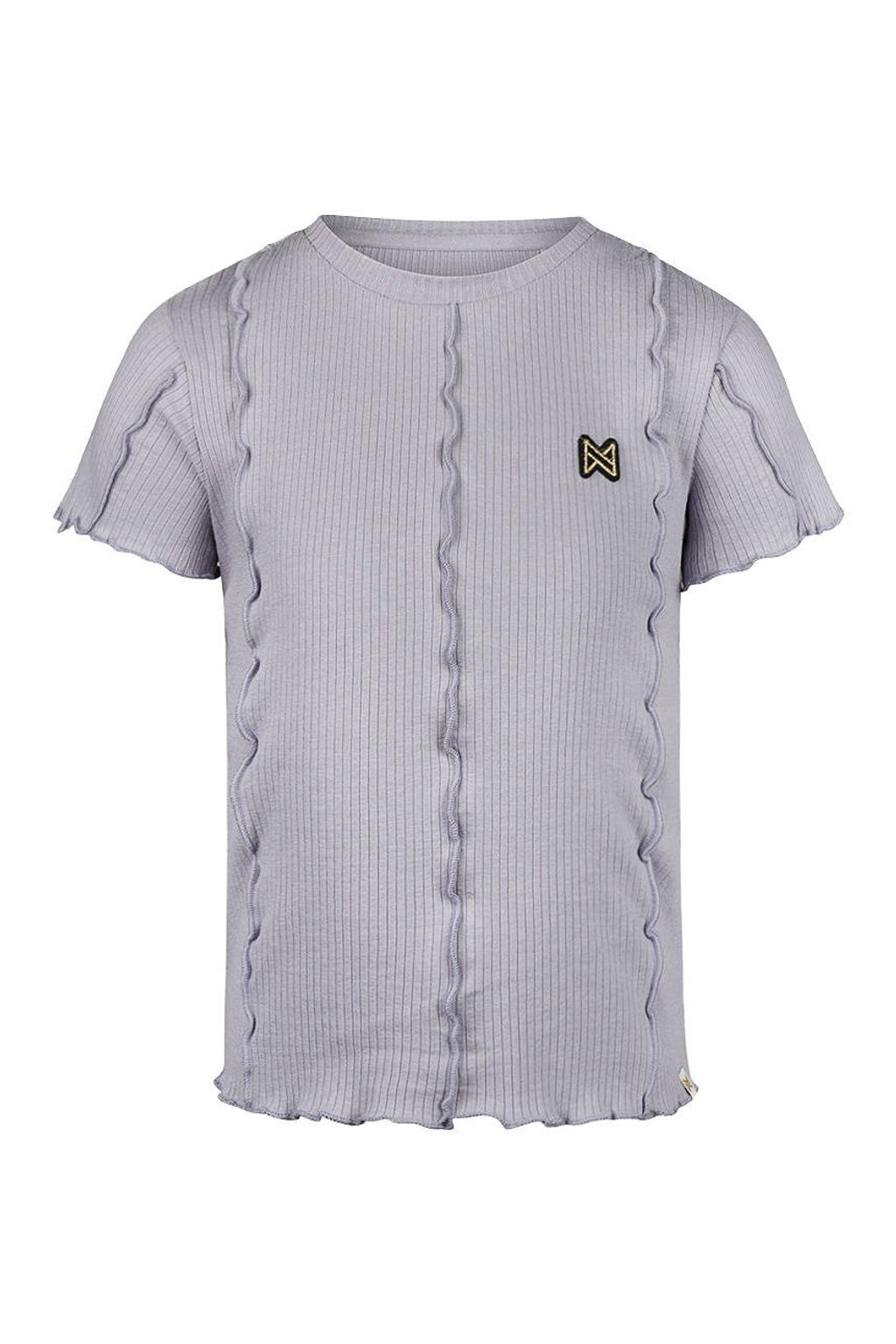 Grijsblauwe meisjes Koko Noko T-shirt blauw van stretchkatoen met effen, korte mouwen, ronde hals, drukknoopsluiting en golvende afwerking