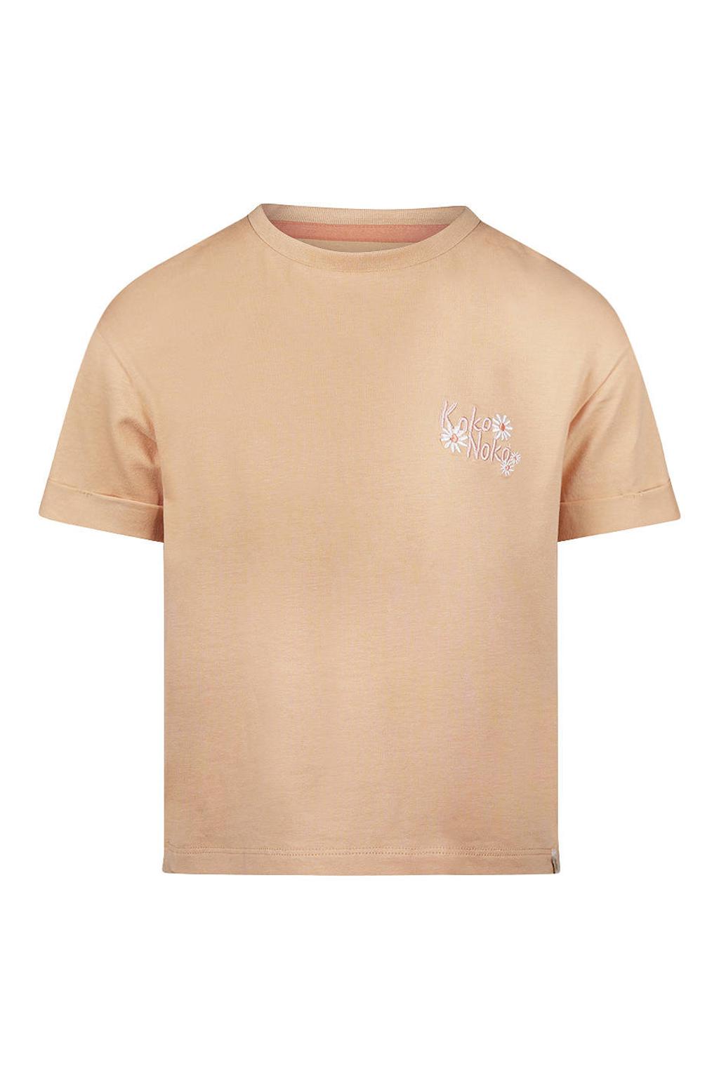 Beige meisjes Koko Noko T-shirt van stretchkatoen met logo dessin, korte mouwen, ronde hals en borduursels