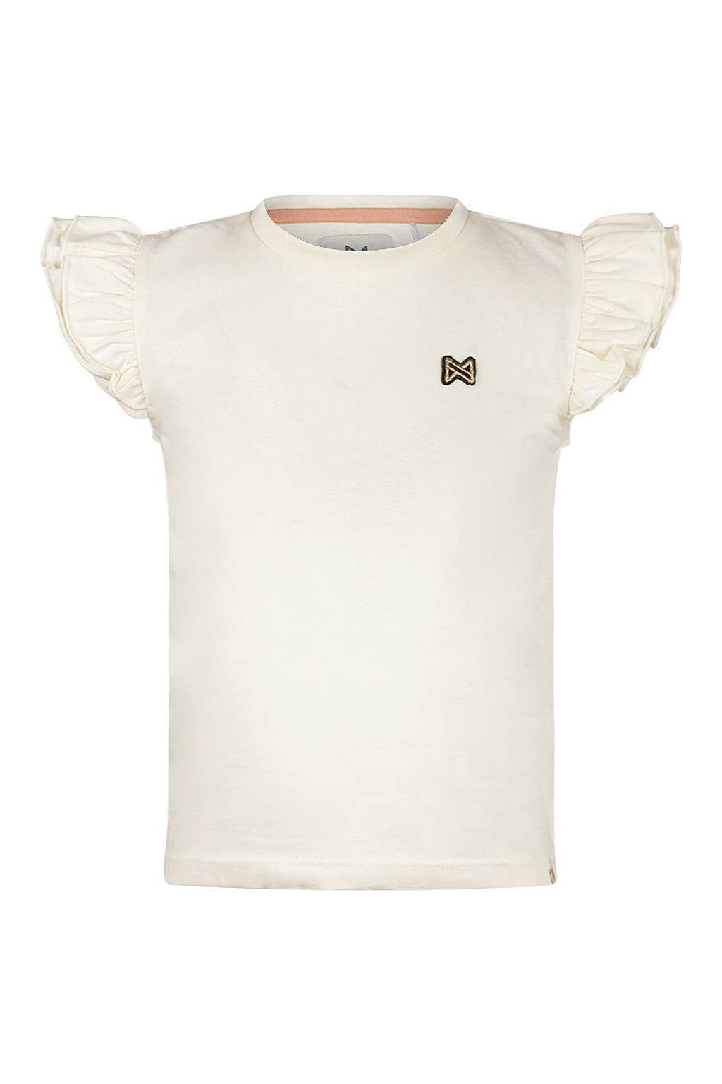 Ecru meisjes Koko Noko T-shirt van stretchkatoen met effen, korte mouwen, ronde hals, drukknoopsluiting en ruches