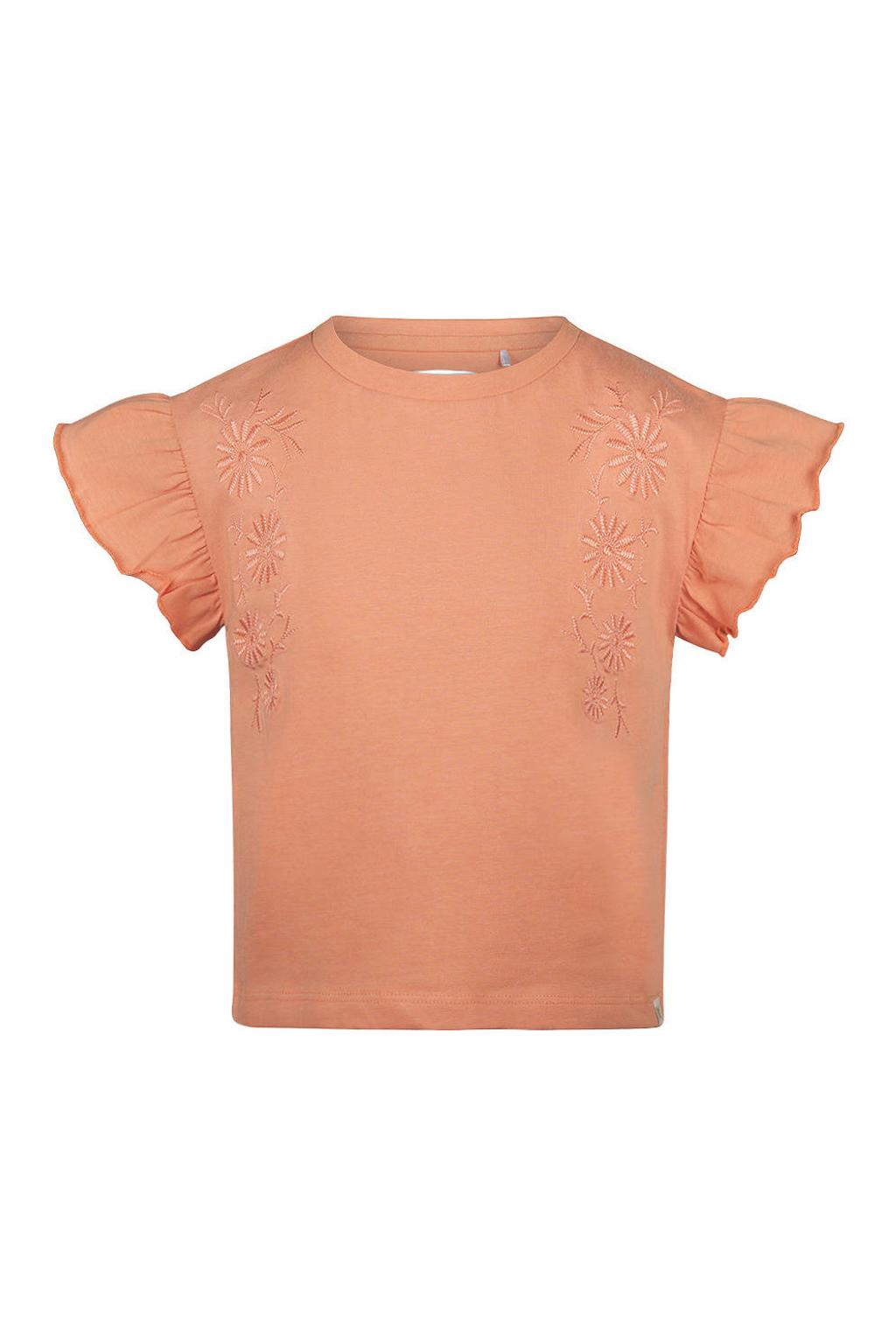 Oranje meisjes Koko Noko T-shirt van stretchkatoen met effen, korte mouwen, ronde hals en borduursels