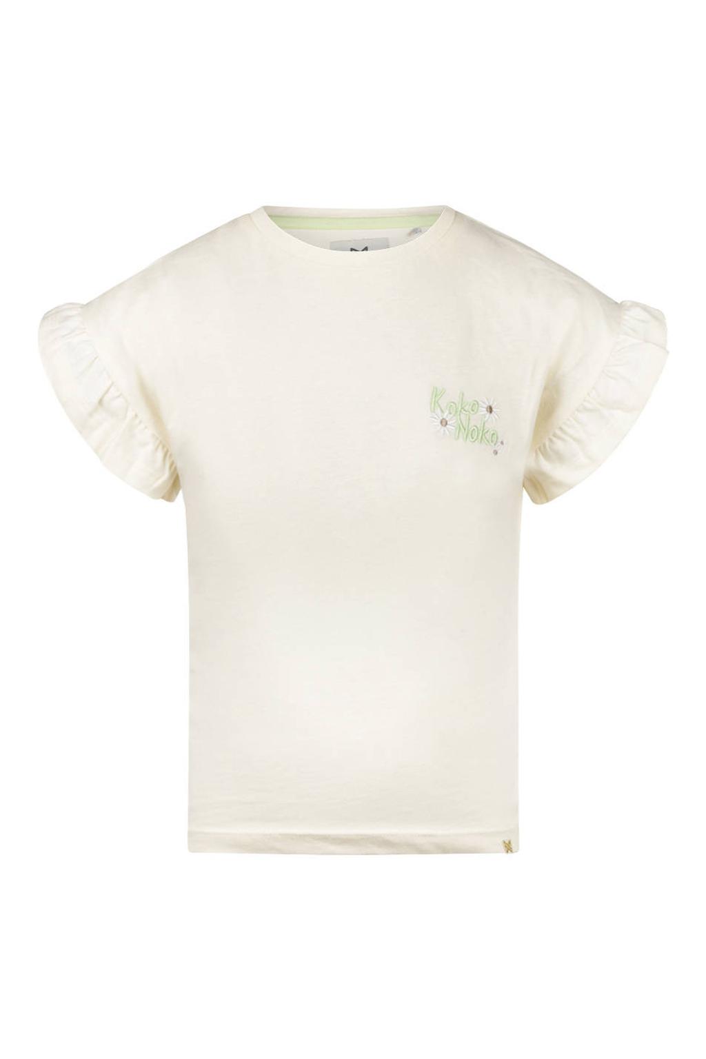 Ecru meisjes Koko Noko T-shirt van stretchkatoen met tekst print, korte mouwen, ronde hals en borduursels