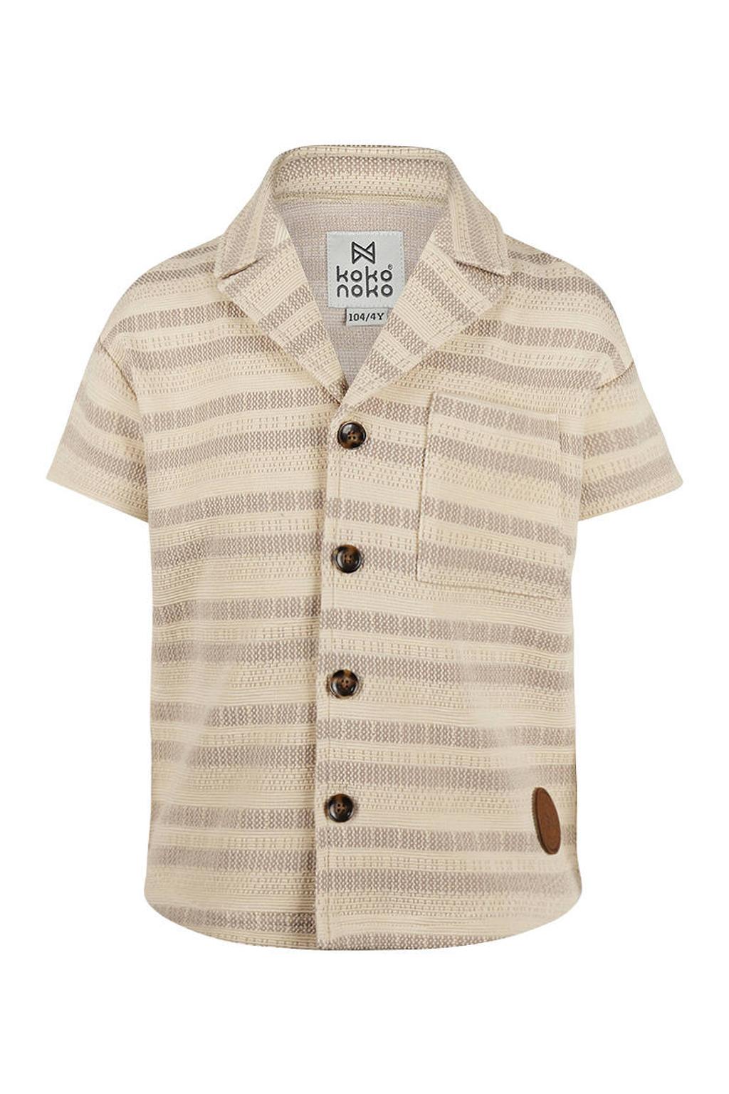 Beige jongens Koko Noko gestreept overhemd van polyester met korte mouwen, reverskraag, knoopsluiting en ingebreid patroon