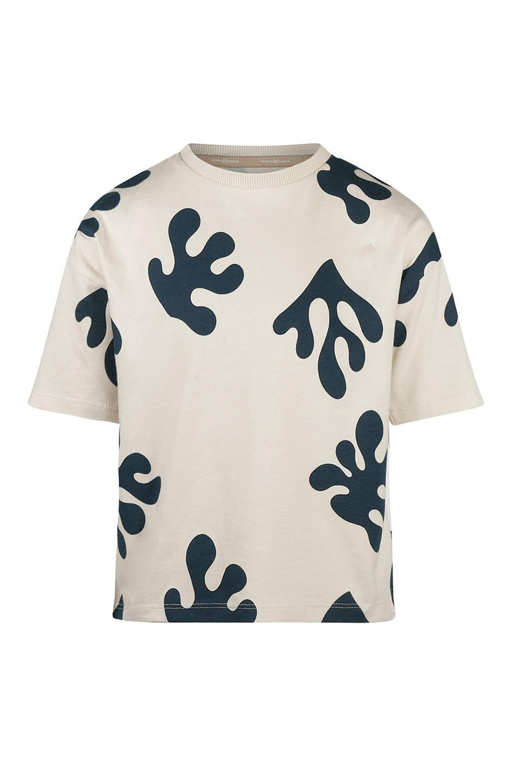Ecru en blauwe jongens Koko Noko T-shirt van stretchkatoen met korte mouwen, ronde hals en drukknoopsluiting