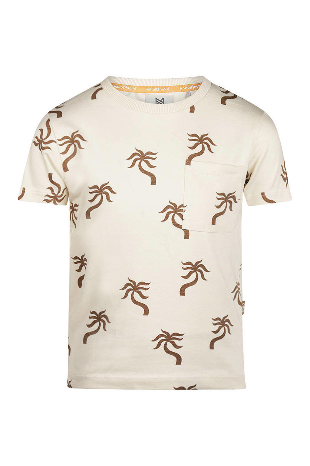 Ecru en bruine jongens Koko Noko T-shirt van stretchkatoen met korte mouwen en ronde hals