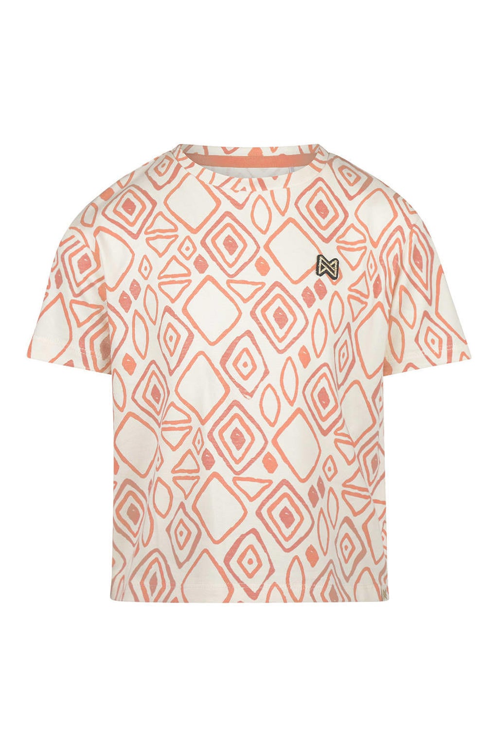 Ecru en zalmkleurige meisjes Koko Noko T-shirt van stretchkatoen met korte mouwen en ronde hals