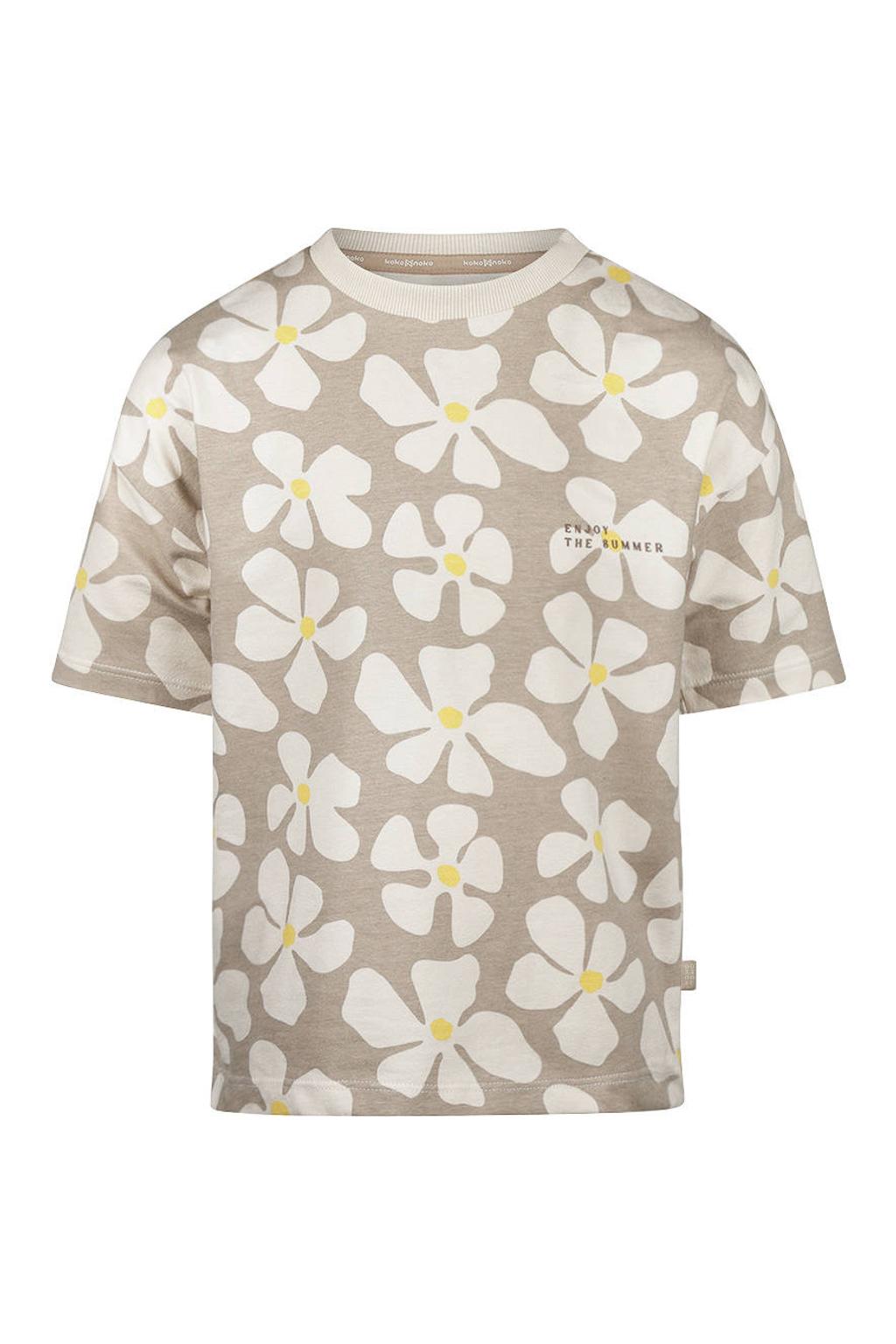 Beige en witte jongens Koko Noko gebloemd T-shirt van stretchkatoen met korte mouwen, ronde hals en drukknoopsluiting