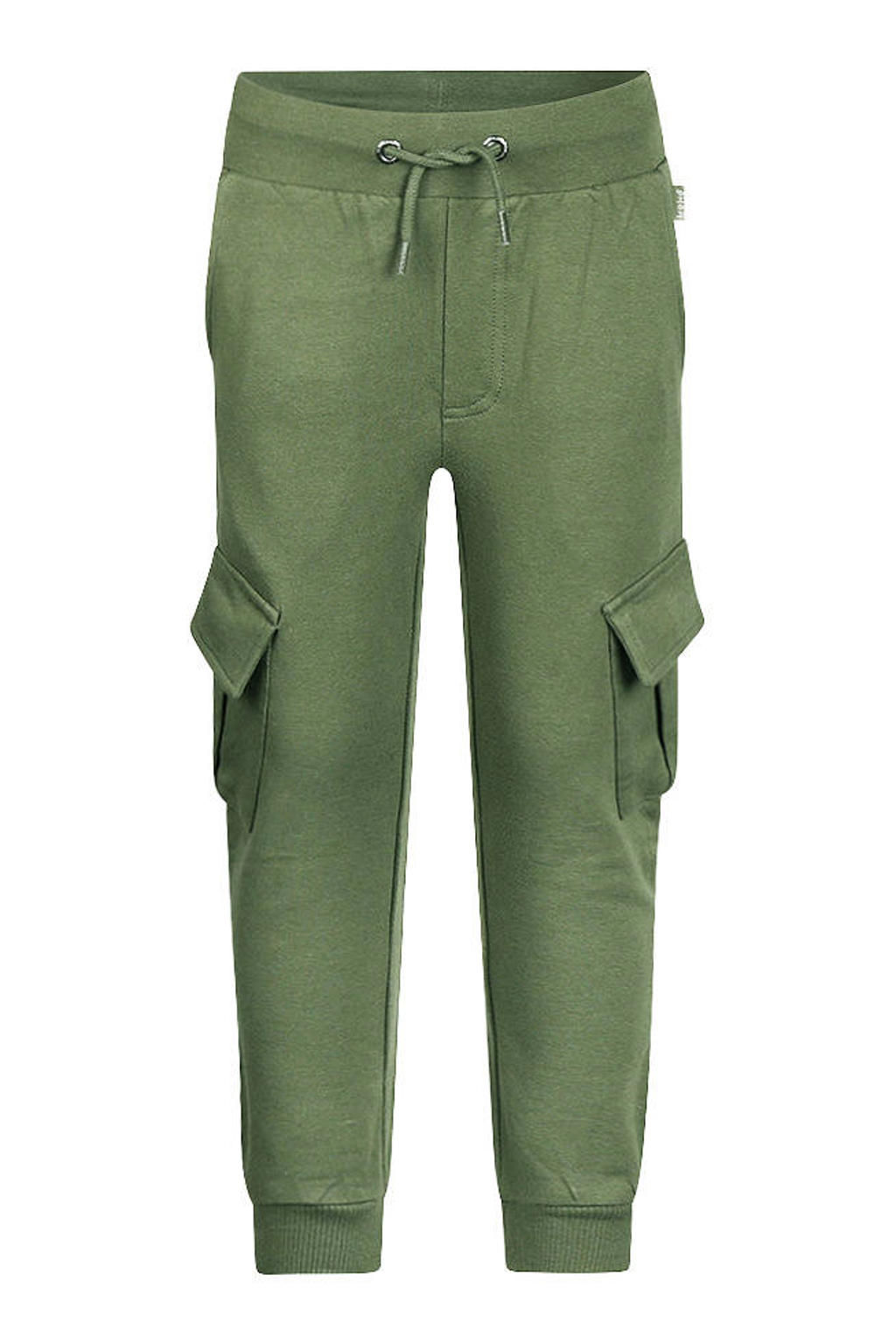 Olijfgroene jongens Koko Noko regular waist cargobroek van stretchkatoen met elastische tailleband met koord en effen