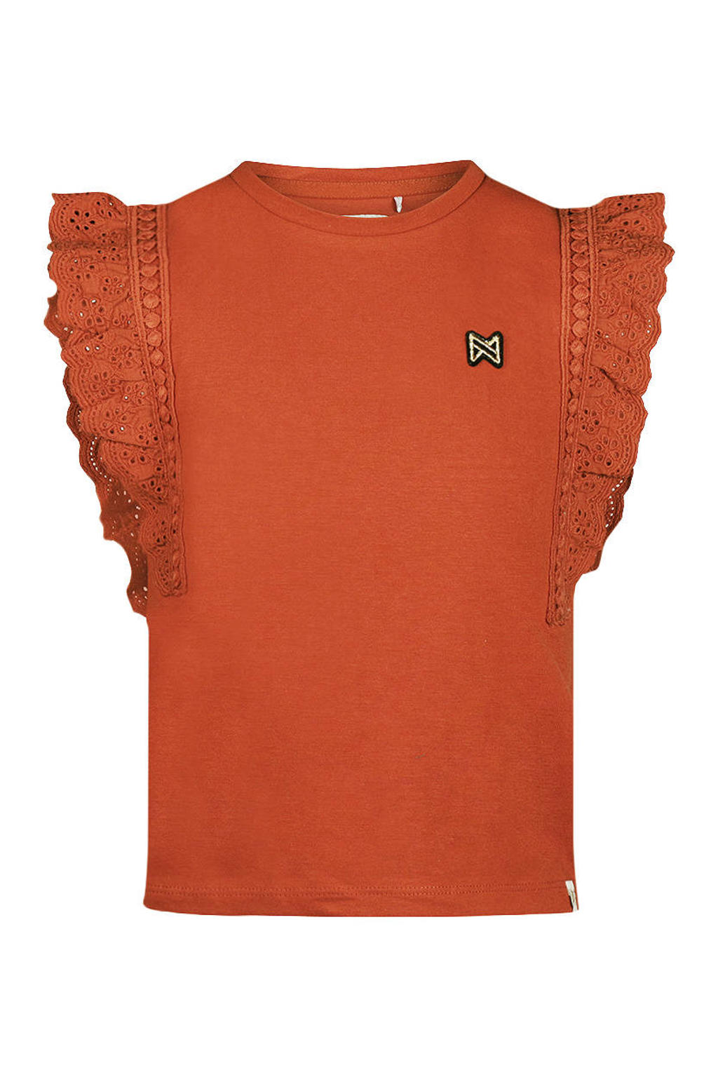 Donker oranje meisjes Koko Noko T-shirt broderie van stretchkatoen met effen, korte mouwen en ronde hals