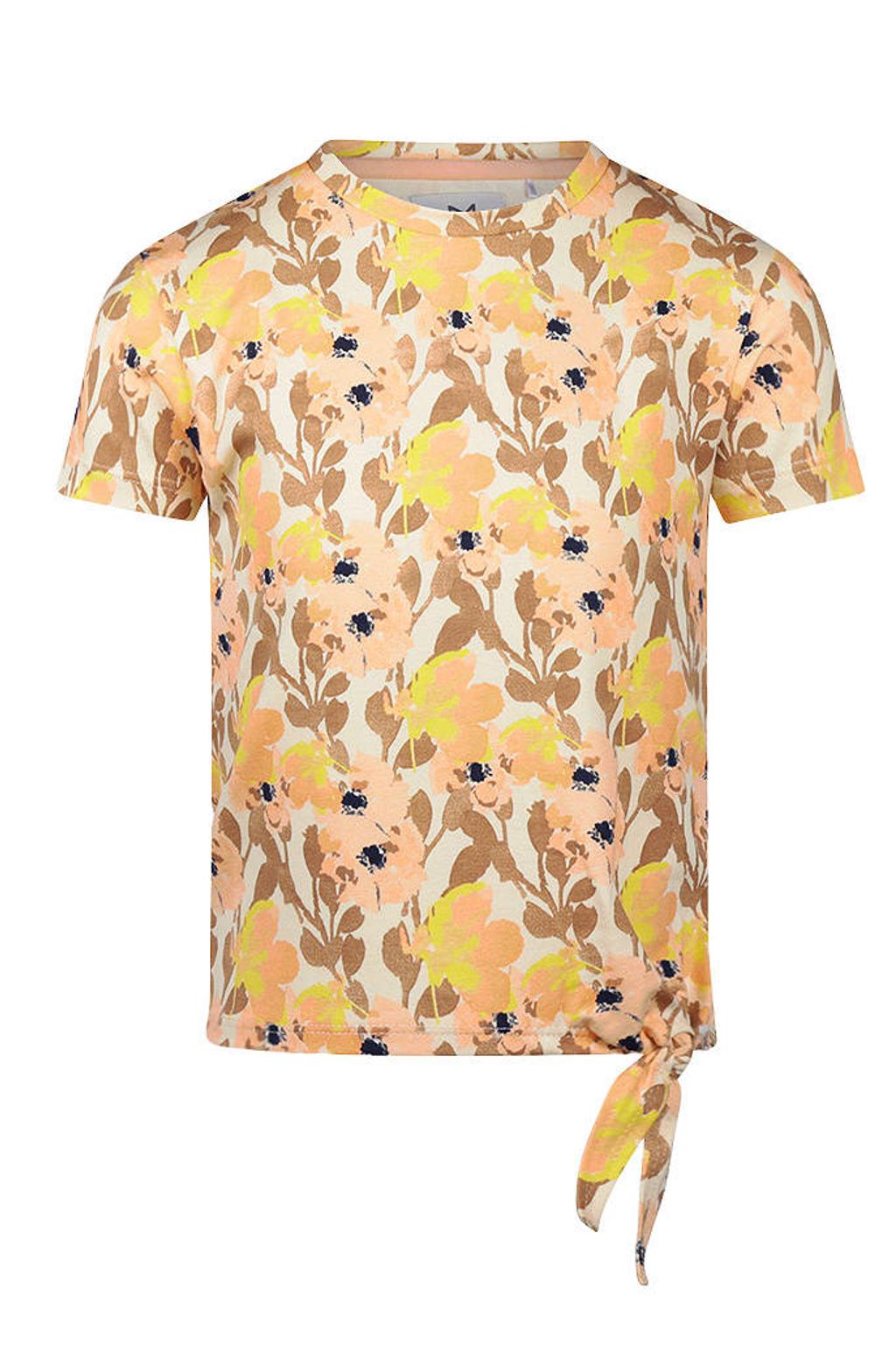 Geel, bruin en zalmkleurige meisjes Koko Noko gebloemde T-shirt van stretchkatoen met korte mouwen en ronde hals